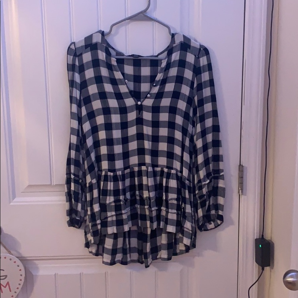 Navy Gingham Longsleeve Peplum Top
